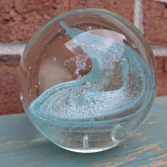 Bubble Glass Paper Weight Hand Made Blown Magic Teal Aqua Green Tinted Pearl - Picture 12 of 16